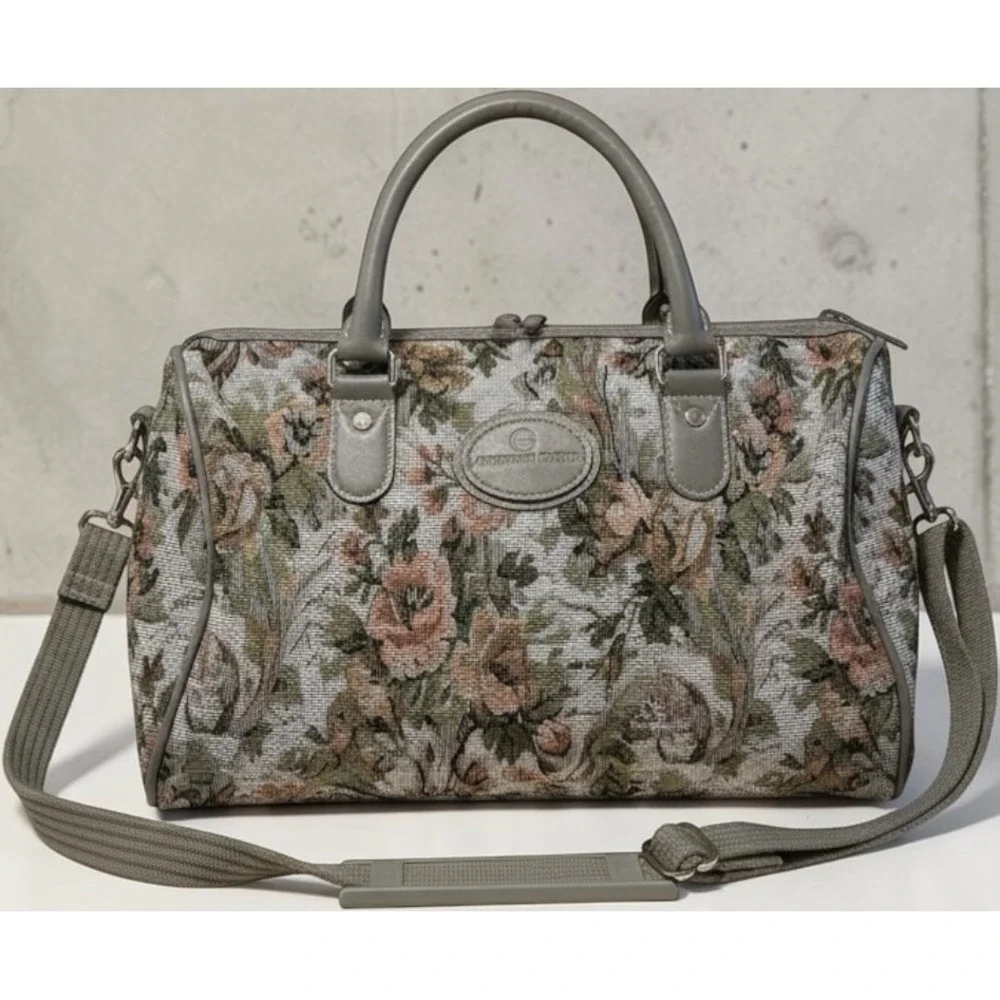 American Flyer Floral Tapestry Satchel Bag Grey Vintage Style Crossbody Travel‎
